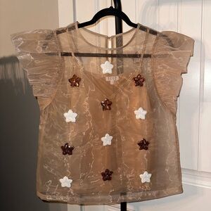 TCEC Size Large Women’s Boutique Sheer Ruffle Sleeve Top Star Sequin Accents